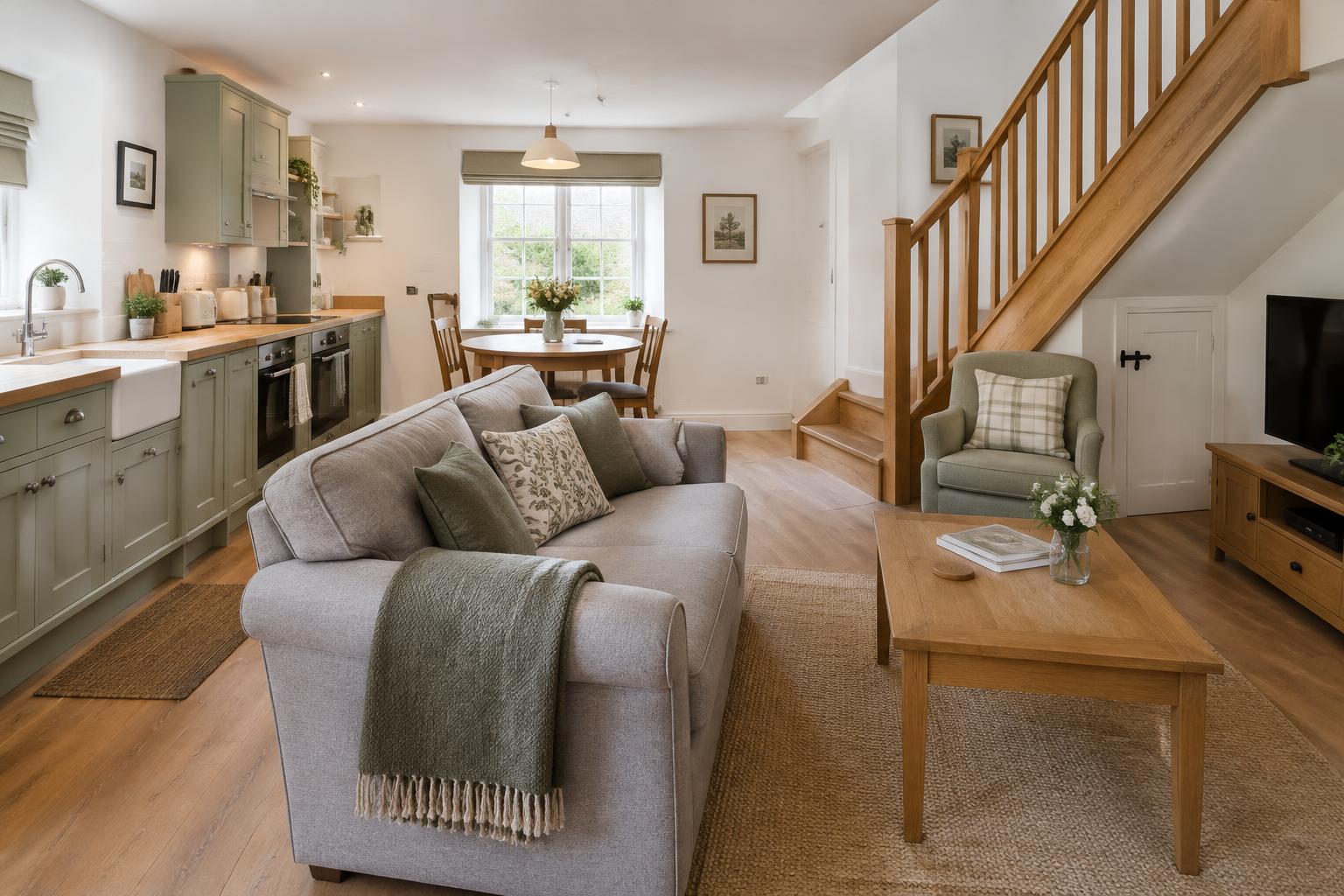 Illustrative cosy cottage kitchen and sitting room